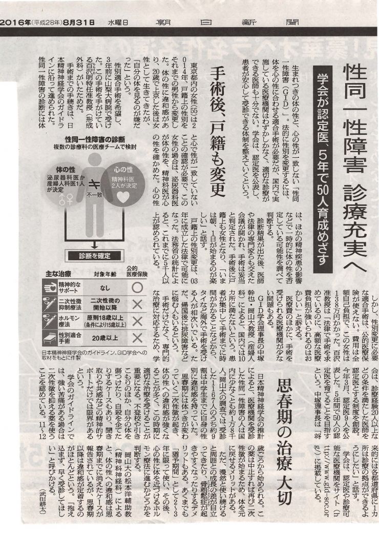2016年8月31日(朝日新聞)『性同一性障害 診療充実へ』.jpg