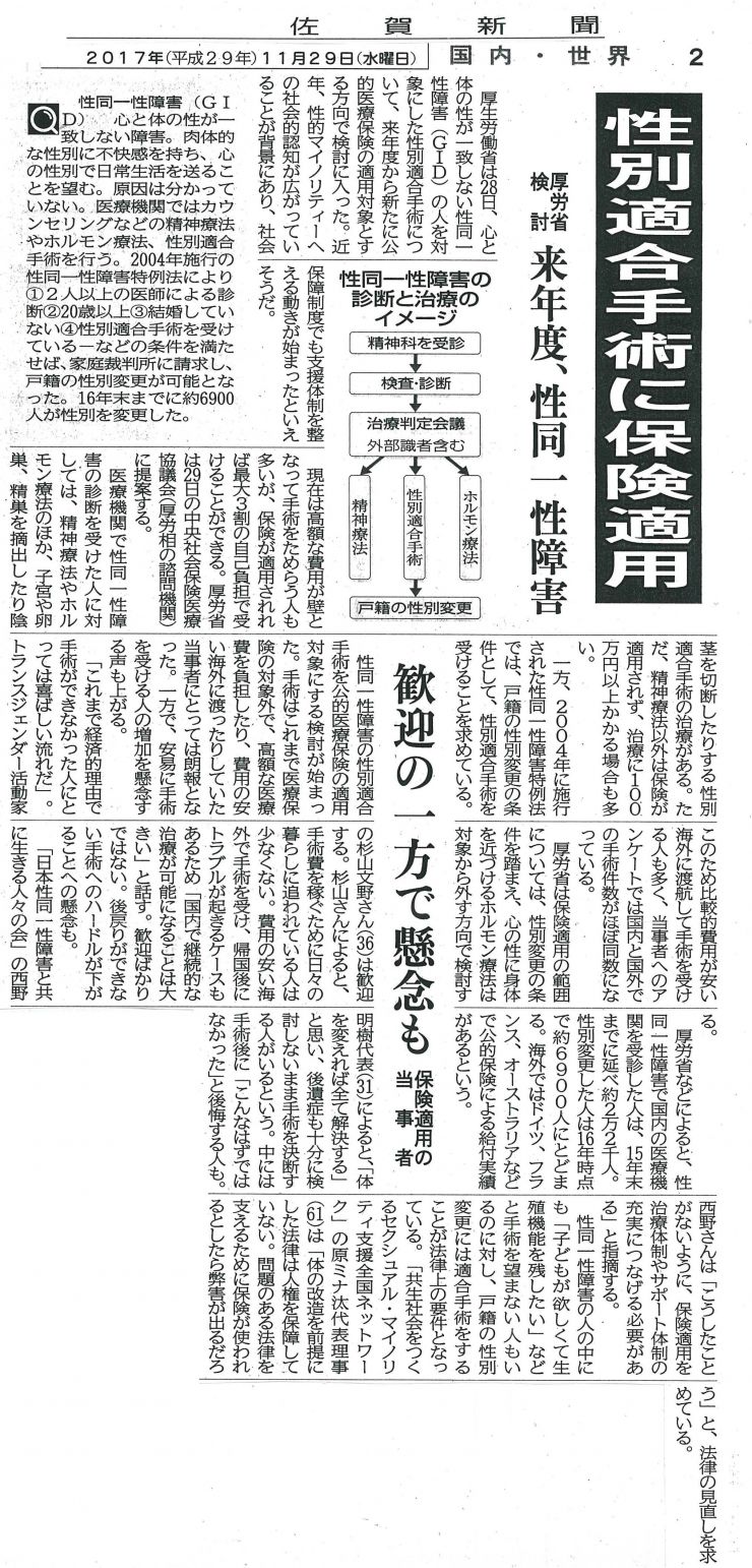 2017年11月29日(佐賀新聞)『性別適合手術に保険適用 来年度、性同一性障害』.jpg